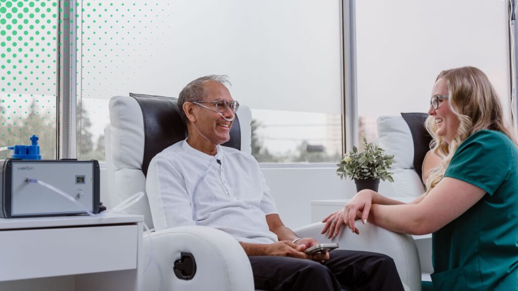 A patient receiving singlet oxygen therapy
