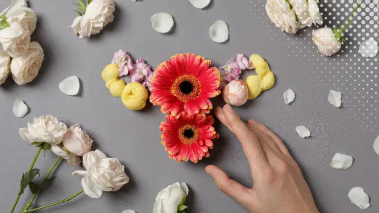 Flowers arranged in a way to symbolize a uterus and ovaries