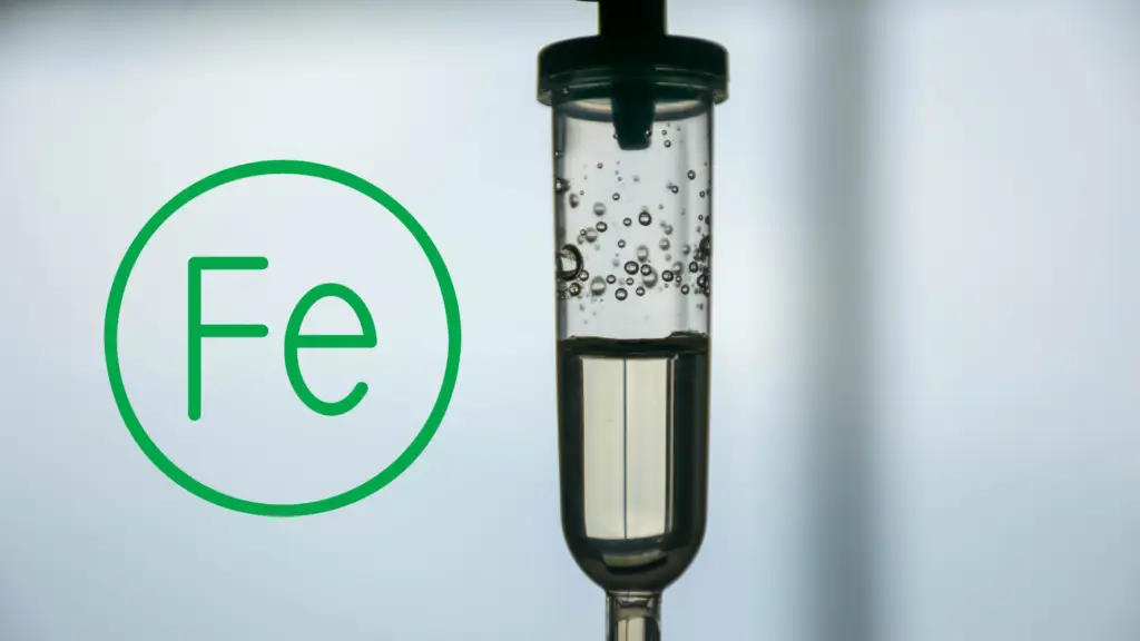 An iron IV drip with the symbol Fe beside it, representing iron