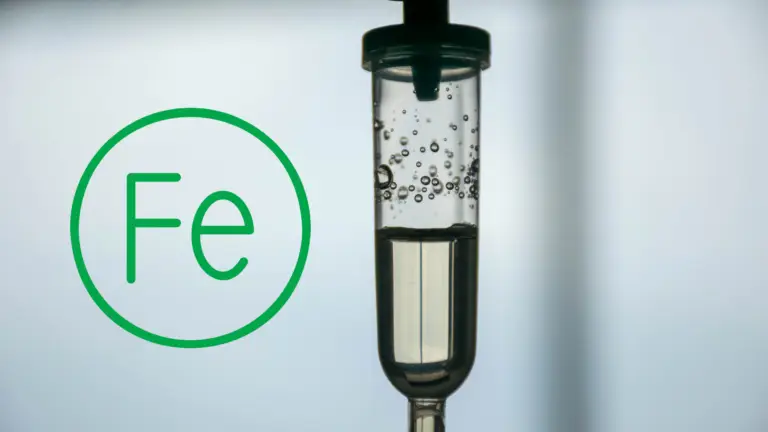 An iron IV drip with the symbol Fe beside it, representing iron