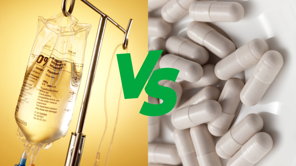 A glutathione IV shown beside a pile or oral supplements