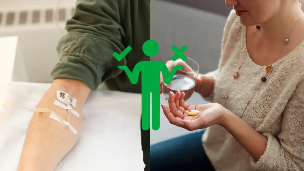 A patient receiving NAV IV therapy, with a picture of a person taking oral supplements