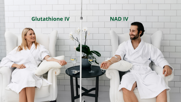 Two patients receiving a glutathione IV at a health clinic