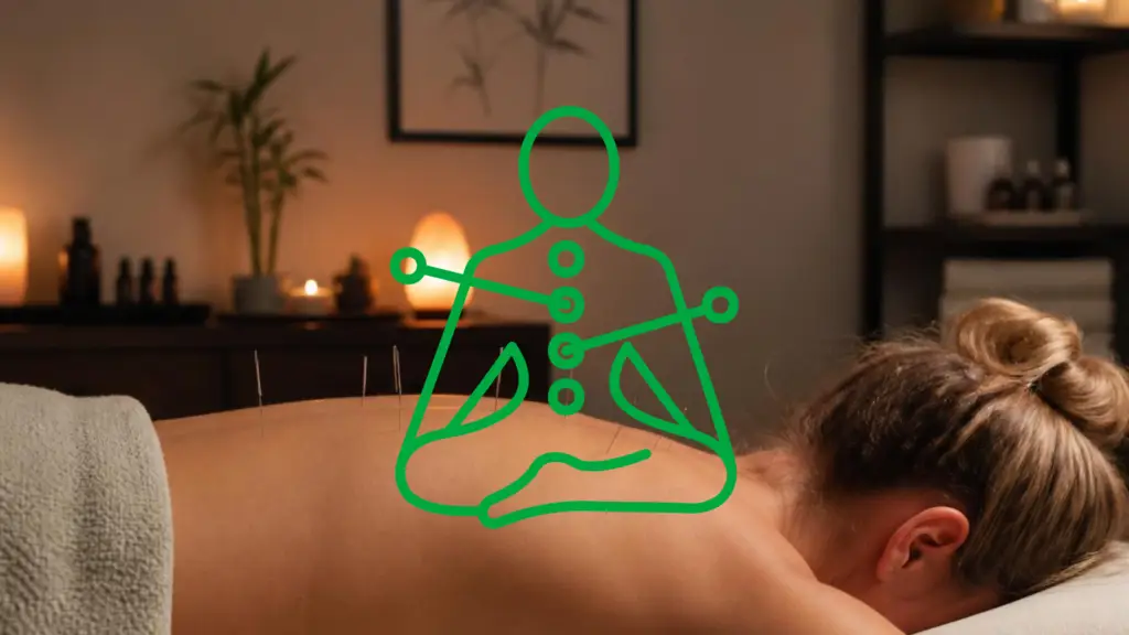 A patient receiving acupuncture in her back in a cozy therapy room