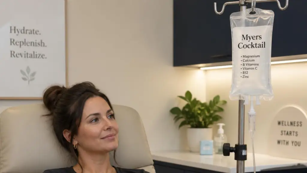 A woman receiving a Myers Cocktail IV at Vitality BioMed in Calgary.
